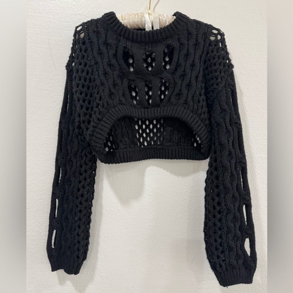 Cider Black Open-Knit Crop Sweater